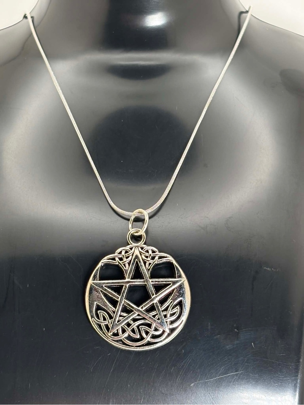 Large Silver Tone Pentacle Celtic Necklace on Stainless Steel Chain